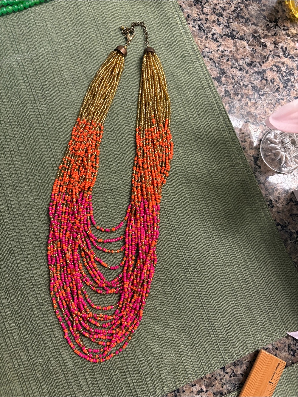 Layered Beaded Necklace in Pink, Orange and Gold